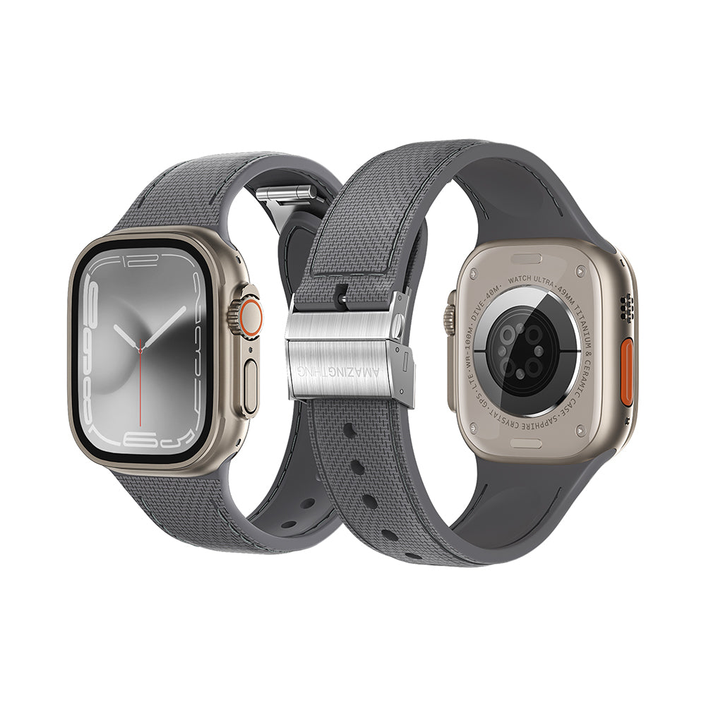 Apple Watch 7 45mm Amazingthing Titan Swift Deri Dokulu Silikon Kordon Gri