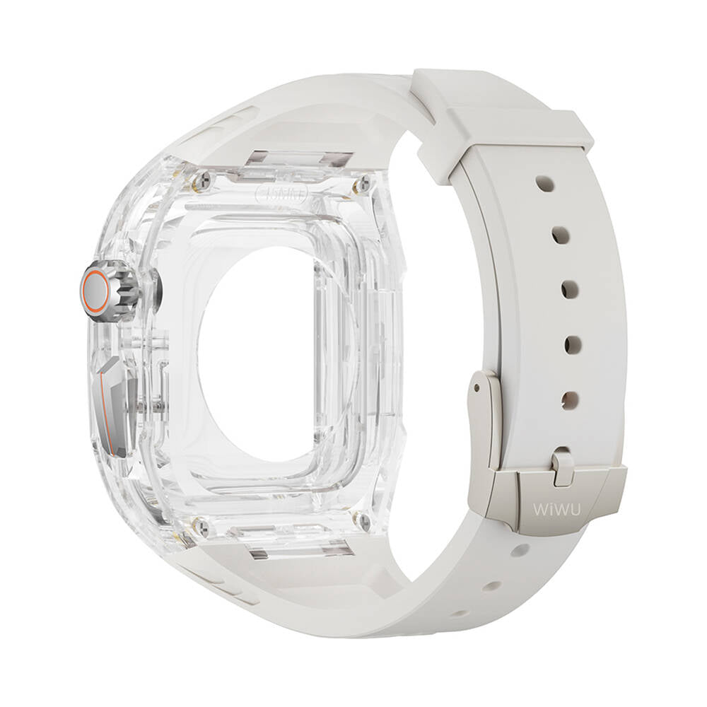 Apple Watch 7 45mm Wiwu Wi-WB013 Rambo Serisi 2in1 Şeffaf PC Kasa Koruyuculu Kauçuk Kordon Beyaz