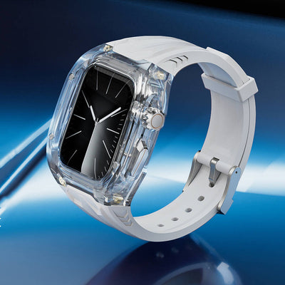 Apple Watch 7 45mm Wiwu Wi-WB013 Rambo Serisi 2in1 Şeffaf PC Kasa Koruyuculu Kauçuk Kordon Beyaz