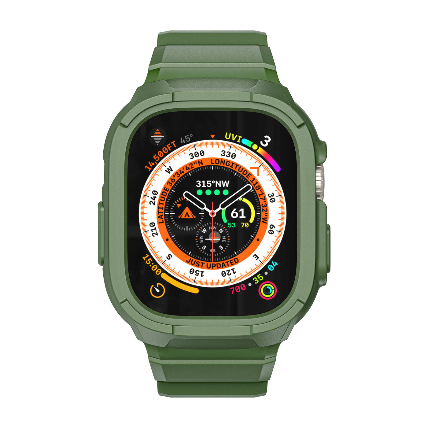Apple Watch Ultra 49mm Wiwu Wi-WB014 Armor Serisi 2in1 Sert PC Kasa Koruyuculu Silikon Kordon Yeşil