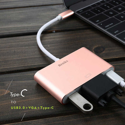Benks U20 Type-C to 3 in 1 Adaptör (Usb 3.0+VGA+Type-C) Gri