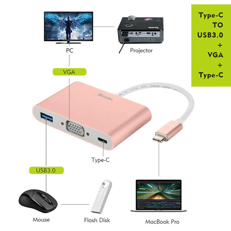 Benks U20 Type-C to 3 in 1 Adaptör (Usb 3.0+VGA+Type-C)