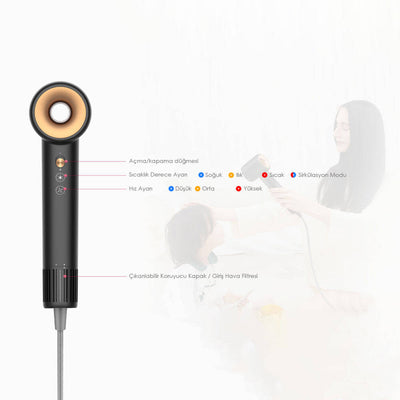 Coshare HD10E SuperFlow1 İyon Teknolojili Isı Dereceli Led Işıklı Saç Kurutma Fön Makinesi Siyah