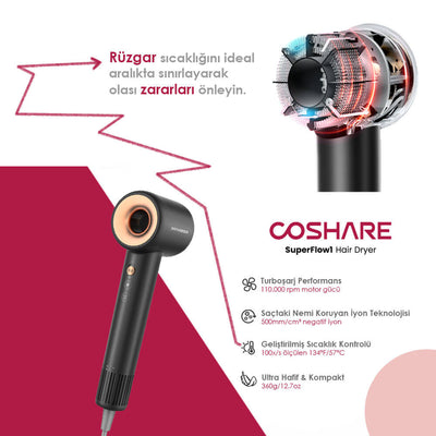 Coshare HD10E SuperFlow1 İyon Teknolojili Isı Dereceli Led Işıklı Saç Kurutma Fön Makinesi Siyah
