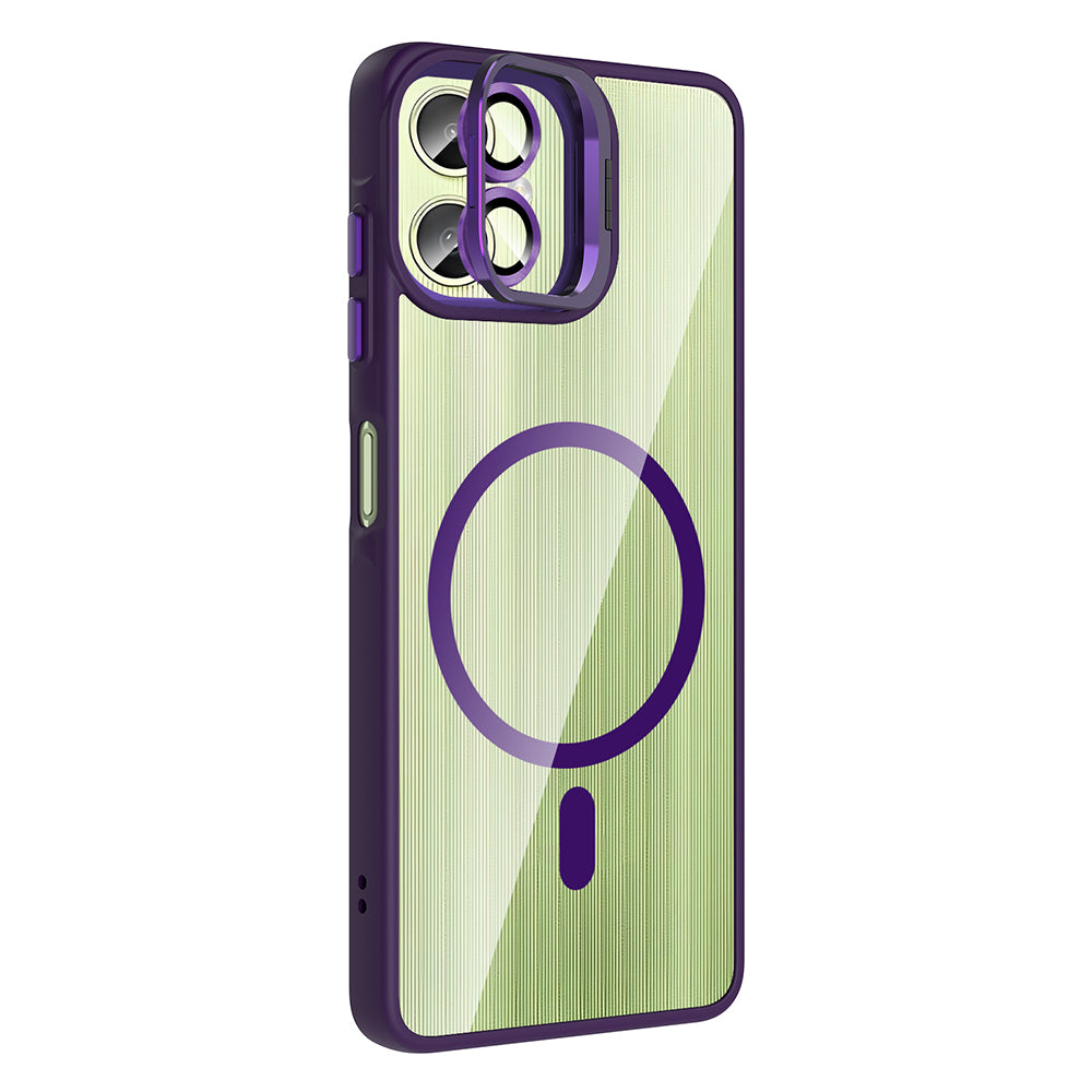 Galaxy A06 Kılıf Standlı ve Kamera Lens Hediyeli M-Safe Şarj Özellikli Zore Etro Kapak Derin Mor