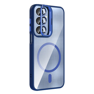 Galaxy A25 Kılıf Standlı ve Kamera Lens Hediyeli M-Safe Şarj Özellikli Zore Etro Kapak Lacivert