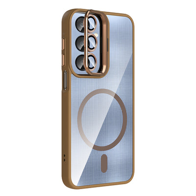 Galaxy A25 Kılıf Standlı ve Kamera Lens Hediyeli M-Safe Şarj Özellikli Zore Etro Kapak Lacivert