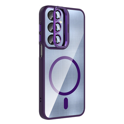 Galaxy A25 Kılıf Standlı ve Kamera Lens Hediyeli M-Safe Şarj Özellikli Zore Etro Kapak Lacivert