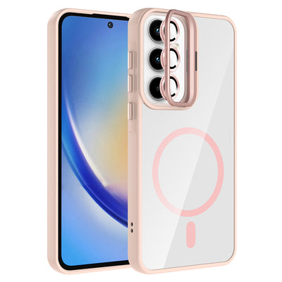 Galaxy A55 Kılıf Standlı ve Kamera Lens Hediyeli M-Safe Şarj Özellikli Zore Etro Kapak Desert Titanyum