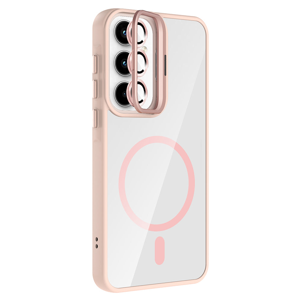 Galaxy A55 Kılıf Standlı ve Kamera Lens Hediyeli M-Safe Şarj Özellikli Zore Etro Kapak Pembe
