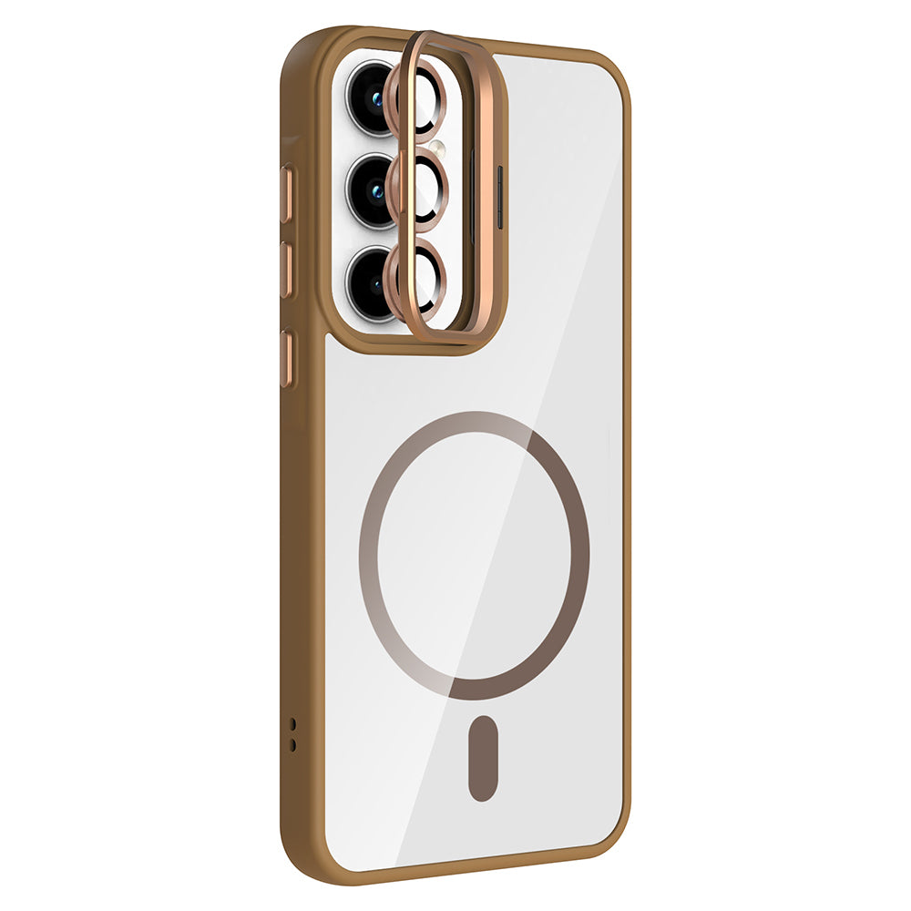 Galaxy A55 Kılıf Standlı ve Kamera Lens Hediyeli M-Safe Şarj Özellikli Zore Etro Kapak Desert Titanyum