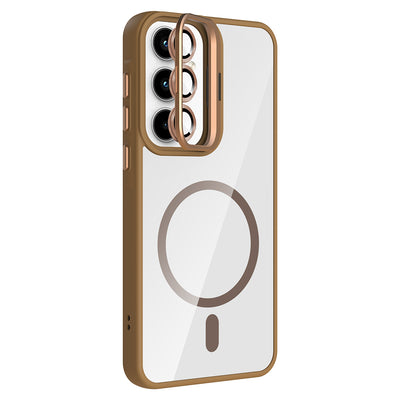 Galaxy A55 Kılıf Standlı ve Kamera Lens Hediyeli M-Safe Şarj Özellikli Zore Etro Kapak Desert Titanyum