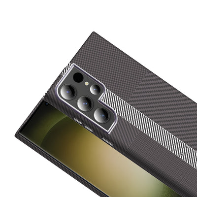 Galaxy S23 Ultra Kılıf M-safe Şarj Özellikli Karbon Fiber Görünümlü Zore Gros Kapak Gri-Siyah