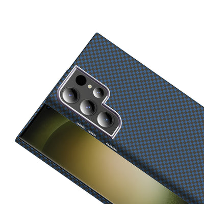Galaxy S23 Ultra Kılıf M-safe Şarj Özellikli Karbon Fiber Görünümlü Zore Gros Kapak Gold-Siyah