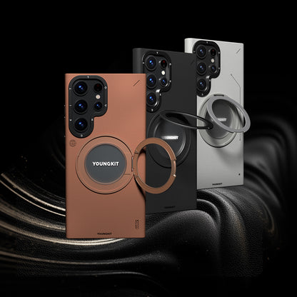 Galaxy S23 Ultra Kılıf M-safe Şarj Özellikli 360° Standlı Basit Mat Deri Desenli Youngkit Tech Leather Serisi Kılıf