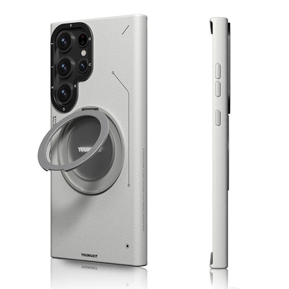 Galaxy S23 Ultra Kılıf M-safe Şarj Özellikli 360° Standlı Basit Mat Deri Desenli Youngkit Tech Leather Serisi Kılıf