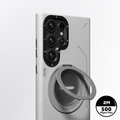 Galaxy S23 Ultra Kılıf M-safe Şarj Özellikli 360° Standlı Basit Mat Deri Desenli Youngkit Tech Leather Serisi Kılıf