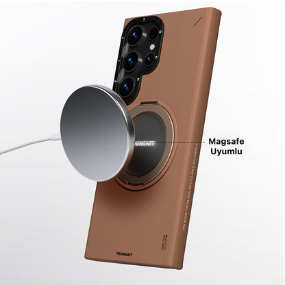 Galaxy S23 Ultra Kılıf M-safe Şarj Özellikli 360° Standlı Basit Mat Deri Desenli Youngkit Tech Leather Serisi Kılıf