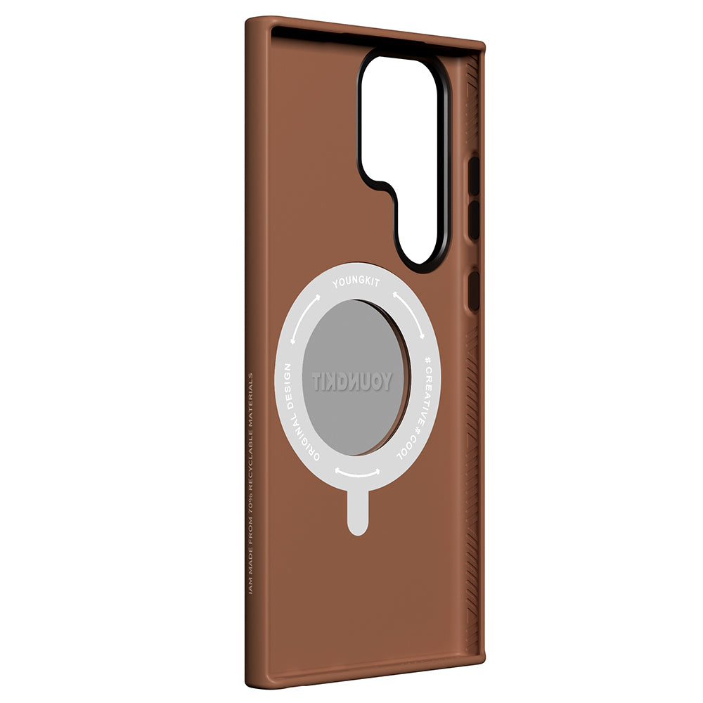 Galaxy S23 Ultra Kılıf M-safe Şarj Özellikli 360° Standlı Basit Mat Deri Desenli Youngkit Tech Leather Serisi Kapak Kahverengi