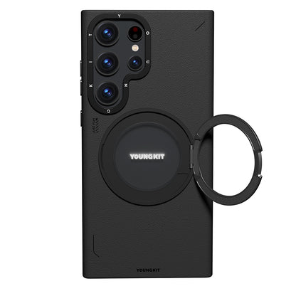 Galaxy S23 Ultra Kılıf M-safe Şarj Özellikli 360° Standlı Basit Mat Deri Desenli Youngkit Tech Leather Serisi Kılıf