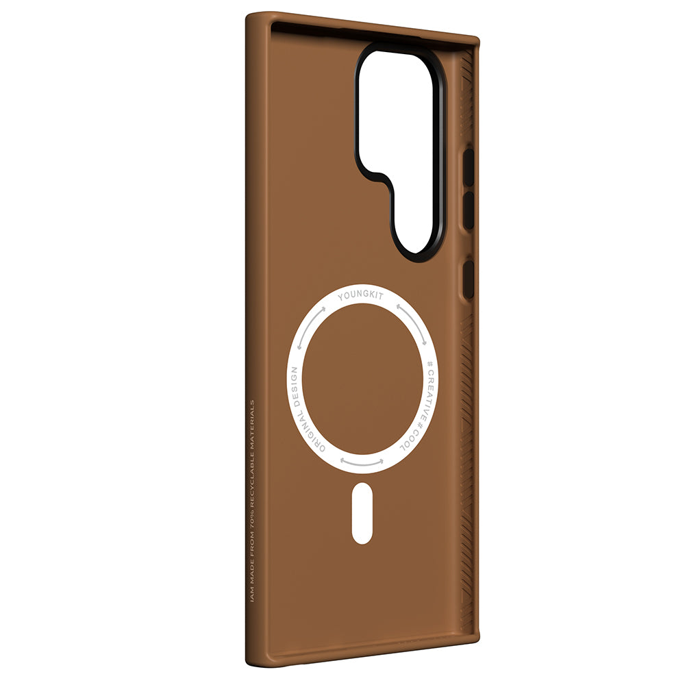 Galaxy S23 Ultra Kılıf M-safe Şarj Özellikli Basit Mat Deri Desenli Youngkit Tech Fashion Serisi Kapak Kahverengi