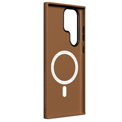Galaxy S23 Ultra Kılıf M-safe Şarj Özellikli Basit Mat Deri Desenli Youngkit Tech Fashion Serisi Kapak Kahverengi