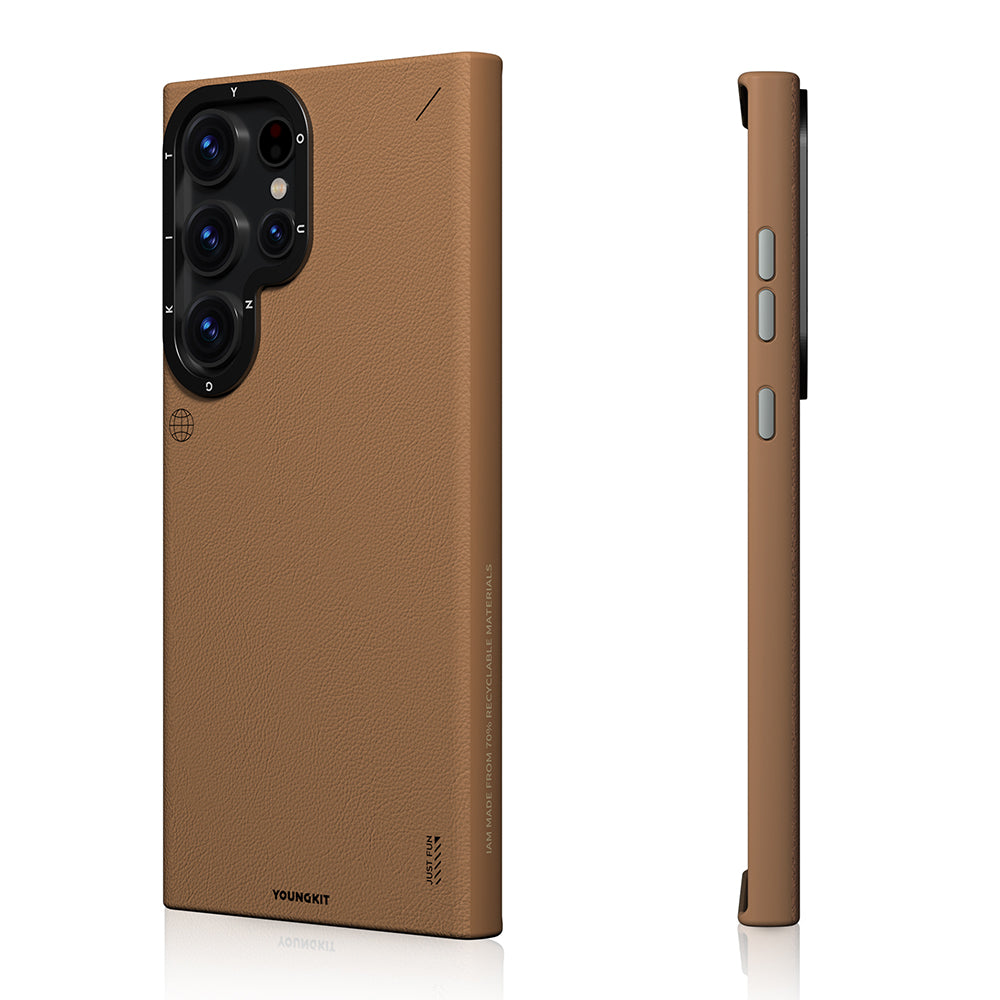 Galaxy S23 Ultra Kılıf M-safe Şarj Özellikli Basit Mat Deri Desenli Youngkit Tech Fashion Serisi Kapak Kahverengi