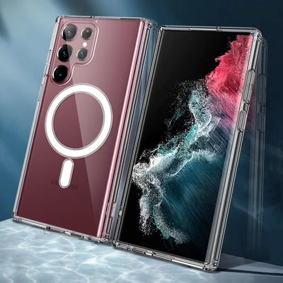 Galaxy S23 Ultra Kılıf Zore M-safe Şarj Özellikli Şeffaf Sert PC Zore Embos Kapak Renksiz