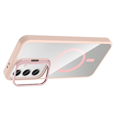 Galaxy S24 FE Kılıf Standlı ve Kamera Lens Hediyeli M-Safe Şarj Özellikli Zore Etro Kapak Pembe