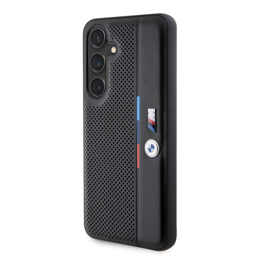 Galaxy S24 Kılıf BMW Orjinal Lisanslı M Logolu Üç Renk Çizgili Delikli Detail Line Kapak Siyah