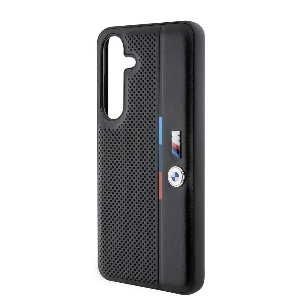 Galaxy S24 Kılıf BMW Orjinal Lisanslı M Logolu Üç Renk Çizgili Delikli Detail Line Kapak Siyah