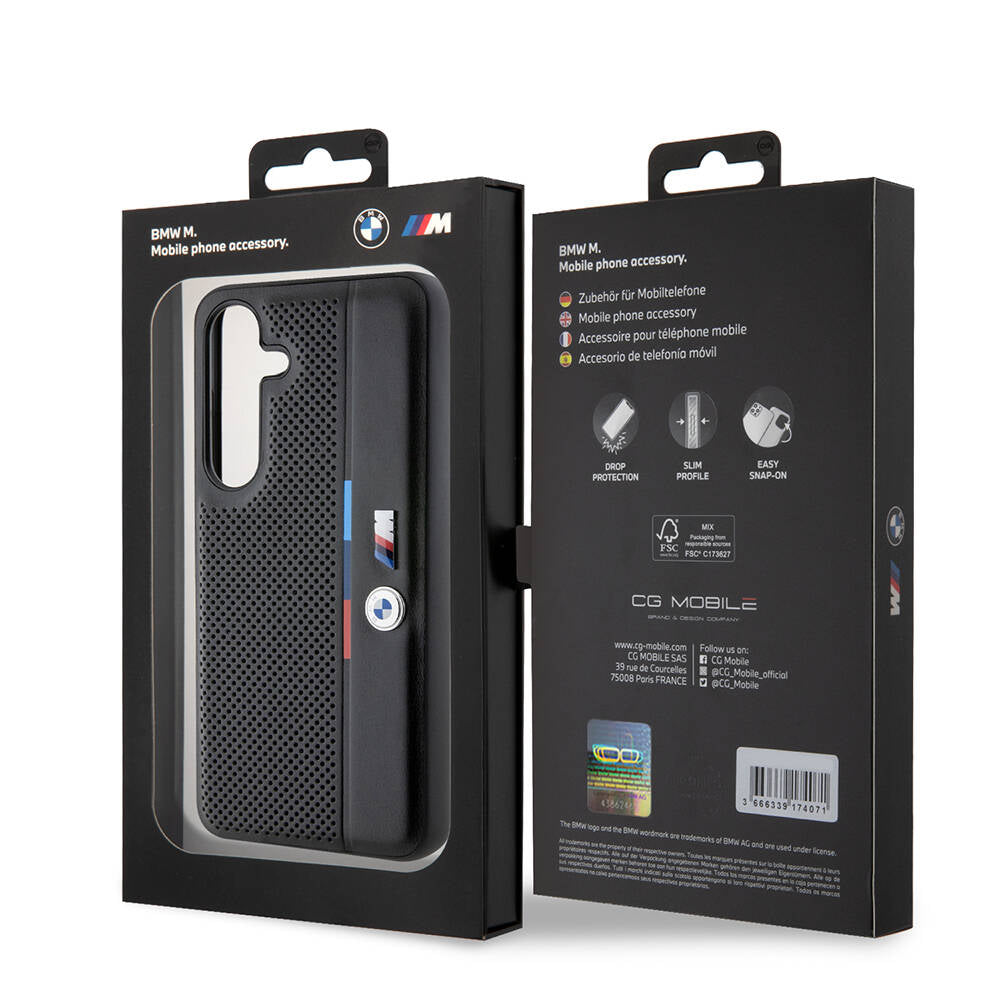 Galaxy S24 Kılıf BMW Orjinal Lisanslı M Logolu Üç Renk Çizgili Delikli Detail Line Kapak Siyah