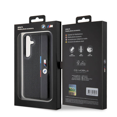 Galaxy S24 Kılıf BMW Orjinal Lisanslı M Logolu Üç Renk Çizgili Delikli Detail Line Kapak Siyah