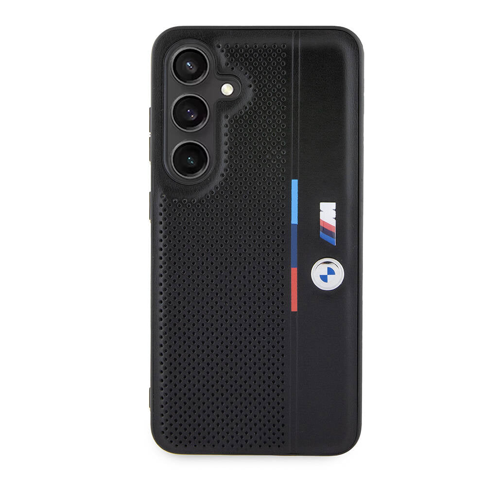 Galaxy S24 Kılıf BMW Orjinal Lisanslı M Logolu Üç Renk Çizgili Delikli Detail Line Kapak Siyah