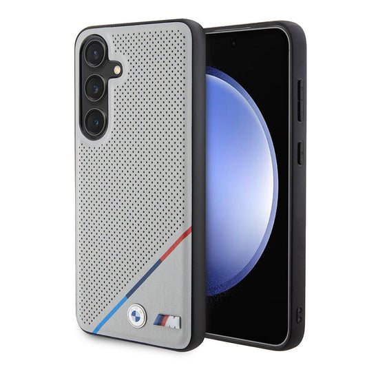 Galaxy S24 Kılıf BMW Orjinal Lisanslı M-safe Şarj Özellikli M Logolu Üç Çizgili Delikli Deri Kılıf