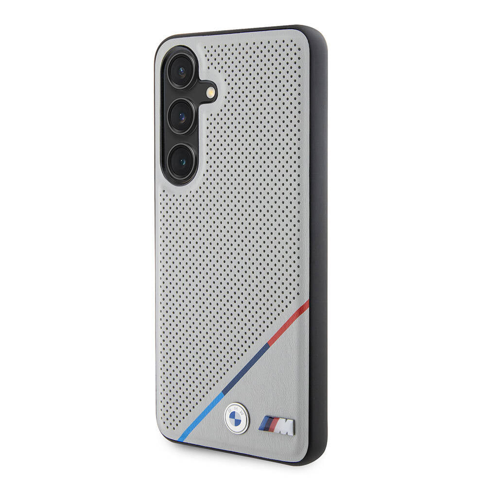 Galaxy S24 Kılıf BMW Orjinal Lisanslı M-safe Şarj Özellikli M Logolu Üç Çizgili Delikli Deri Kılıf