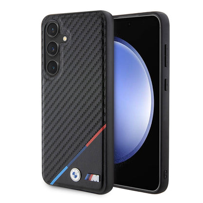 Galaxy S24 Kılıf BMW Orjinal Lisanslı M-safe Şarj Özellikli M Logolu Üç Çizgili PU Karbon Kılıf