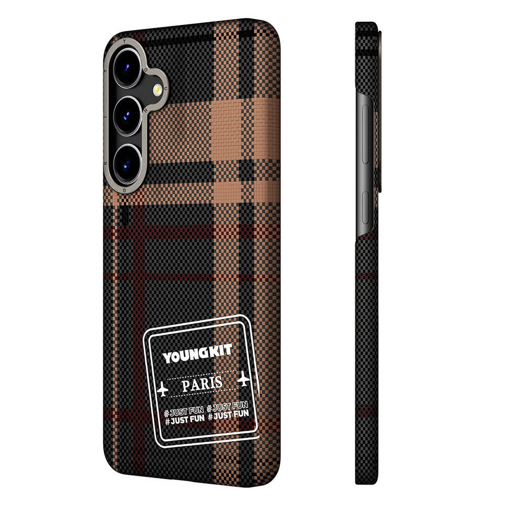 Galaxy S24 Kılıf Ekose Desenli Youngkit Gezhi Serisi Kapak Kahverengi