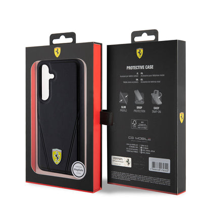 Galaxy S24 Kılıf Ferrari Orjinal Lisanslı M-safe Şarj Özellikli Sıcak Baskı V Çizgili Deri Kılıf