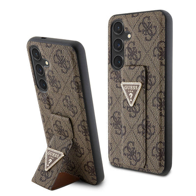 Galaxy S24 Kılıf Guess Orjinal Lisanslı 4G Desenli Üçgen Logolu Standlı Deri Kapak Siyah