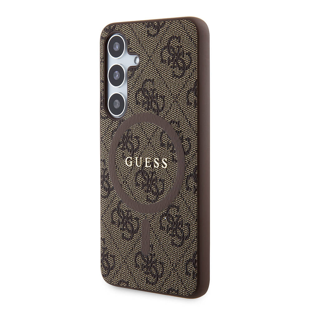 Galaxy S24 Kılıf Guess Orjinal Lisanslı Magsafe Şarj Özellikli PU Halkalı 4G Desenli Yazı Logolu Kapak Kahverengi