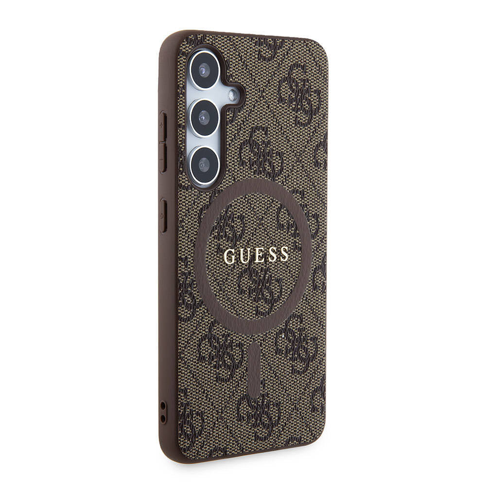 Galaxy S24 Kılıf Guess Orjinal Lisanslı Magsafe Şarj Özellikli PU Halkalı 4G Desenli Yazı Logolu Kapak Kahverengi