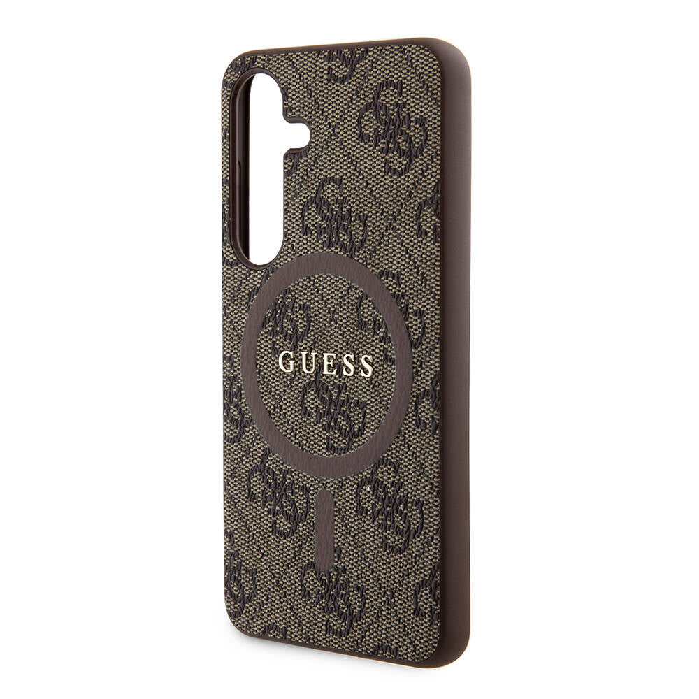 Galaxy S24 Kılıf Guess Orjinal Lisanslı Magsafe Şarj Özellikli PU Halkalı 4G Desenli Yazı Logolu Kapak Kahverengi