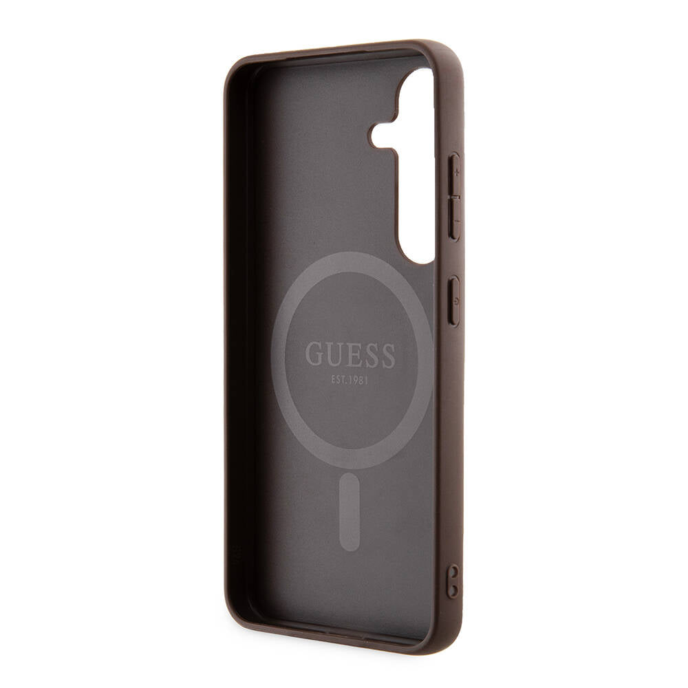 Galaxy S24 Kılıf Guess Orjinal Lisanslı Magsafe Şarj Özellikli PU Halkalı 4G Desenli Yazı Logolu Kapak Kahverengi