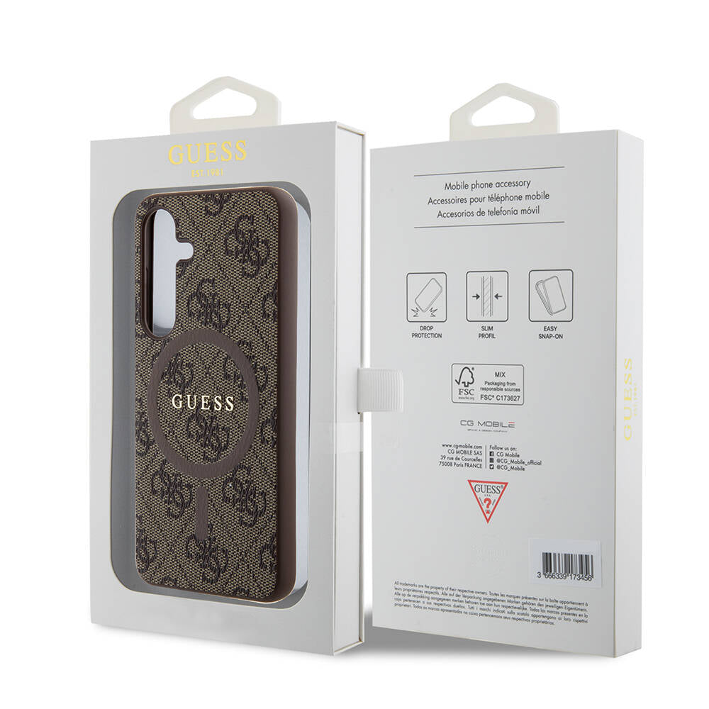 Galaxy S24 Kılıf Guess Orjinal Lisanslı Magsafe Şarj Özellikli PU Halkalı 4G Desenli Yazı Logolu Kapak Kahverengi