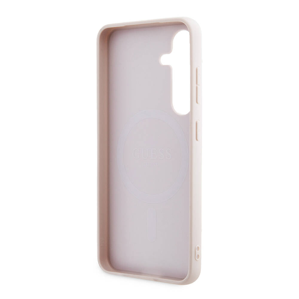 Galaxy S24 Kılıf Guess Orjinal Lisanslı PU Deri Yazı ve 4G Metal Logolu Desenli Kapak Kahverengi