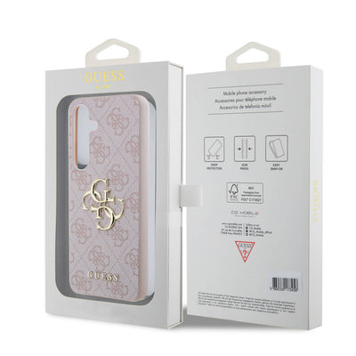 Galaxy S24 Kılıf Guess Orjinal Lisanslı PU Deri Yazı ve 4G Metal Logolu Desenli Kapak Pembe