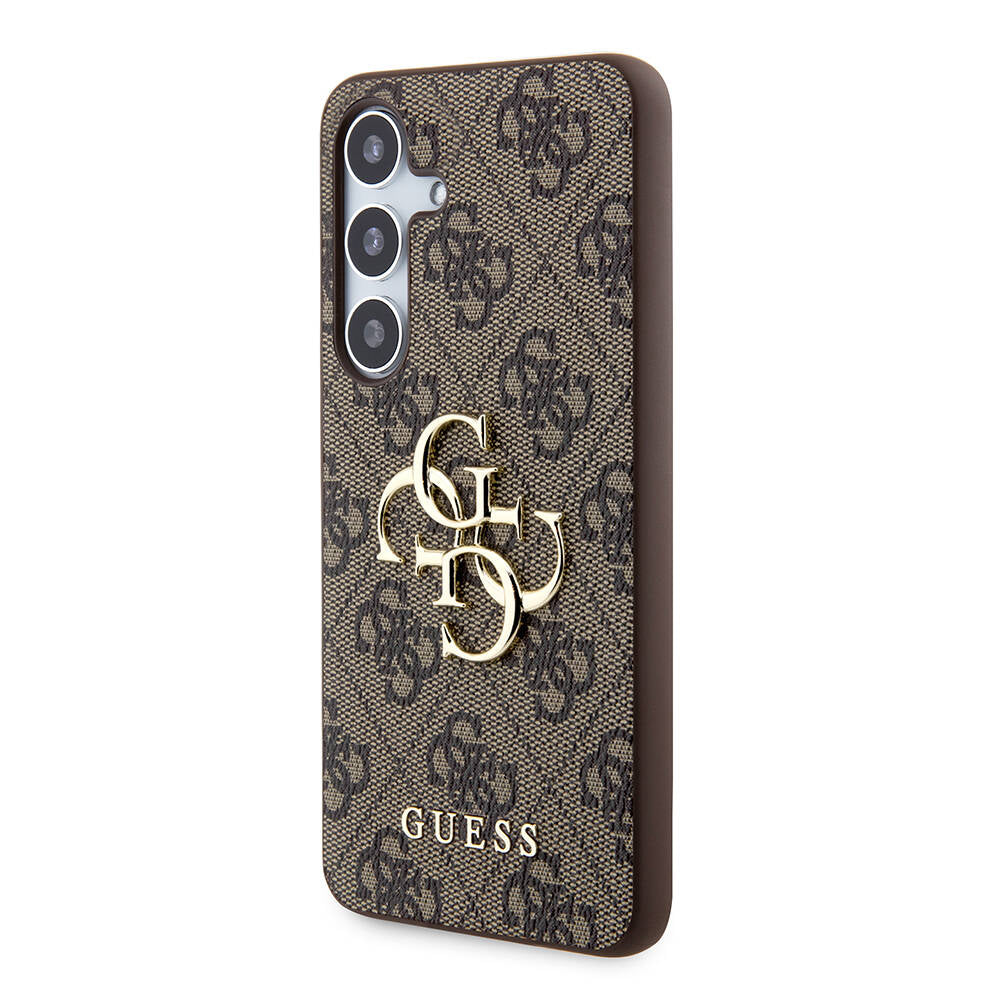 Galaxy S24 Kılıf Guess Orjinal Lisanslı PU Deri Yazı ve 4G Metal Logolu Desenli Kapak Kahverengi