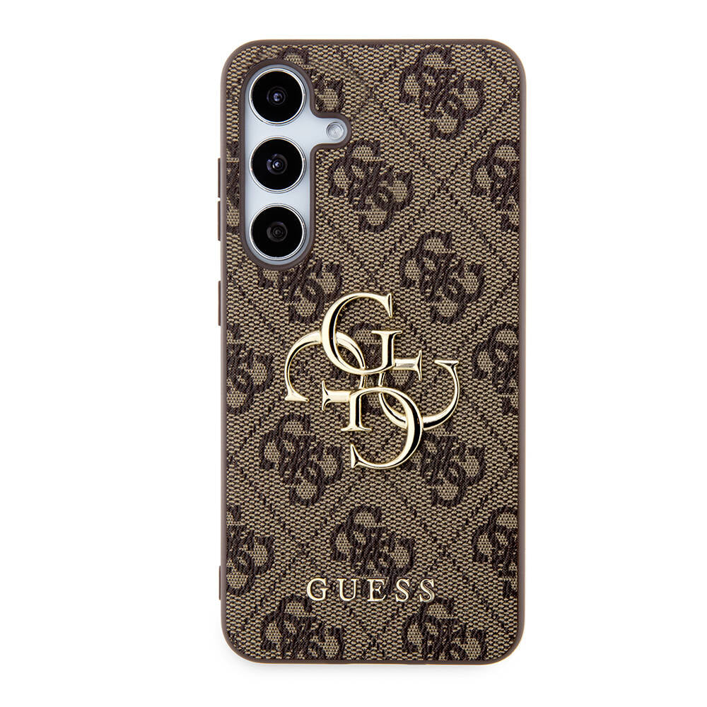 Galaxy S24 Kılıf Guess Orjinal Lisanslı PU Deri Yazı ve 4G Metal Logolu Desenli Kapak Kahverengi