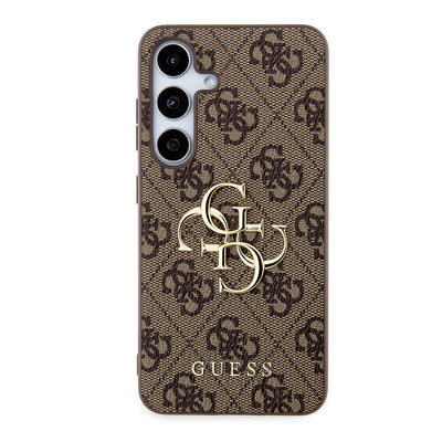 Galaxy S24 Kılıf Guess Orjinal Lisanslı PU Deri Yazı ve 4G Metal Logolu Desenli Kapak Kahverengi